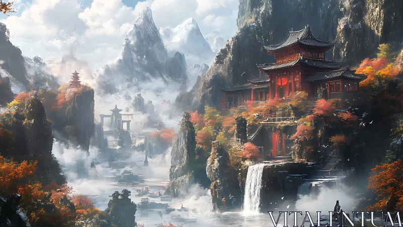 Layered mountain temples with atmospheric depth and cascading water