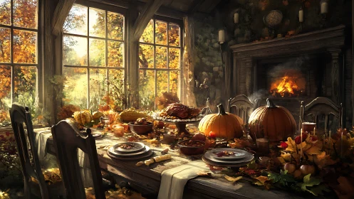 Rustic autumn feast in sunlit cottage dining room interior.