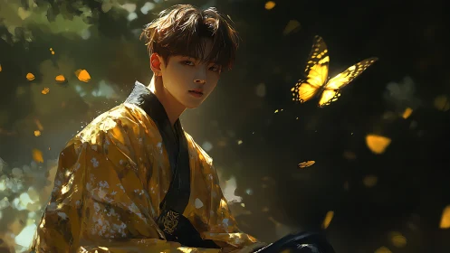 Golden-robed dreamer sharing a quiet moment with butterflies.