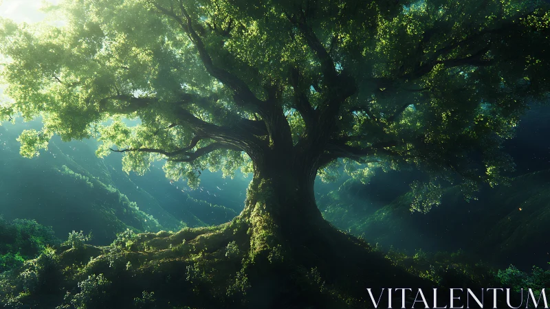 Majestic Ancient Tree in Lush Forest with Magical Sunlight.