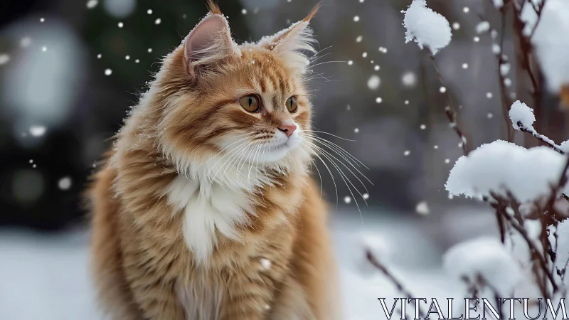 Long-haired ginger cat in snow with frosted branches.