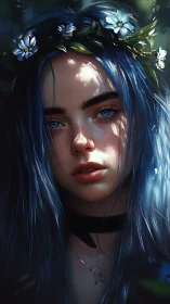 High-detail blue-haired portrait under dappled forest lighting
