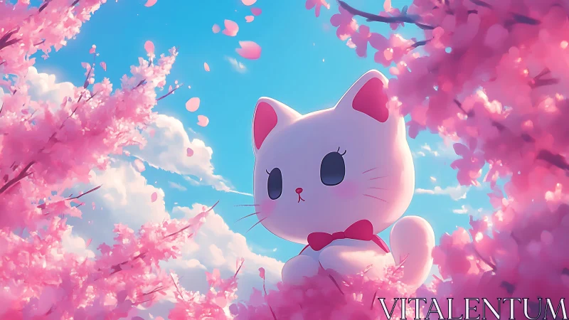 Giant kawaii cat statue glows softly among pink blossoms