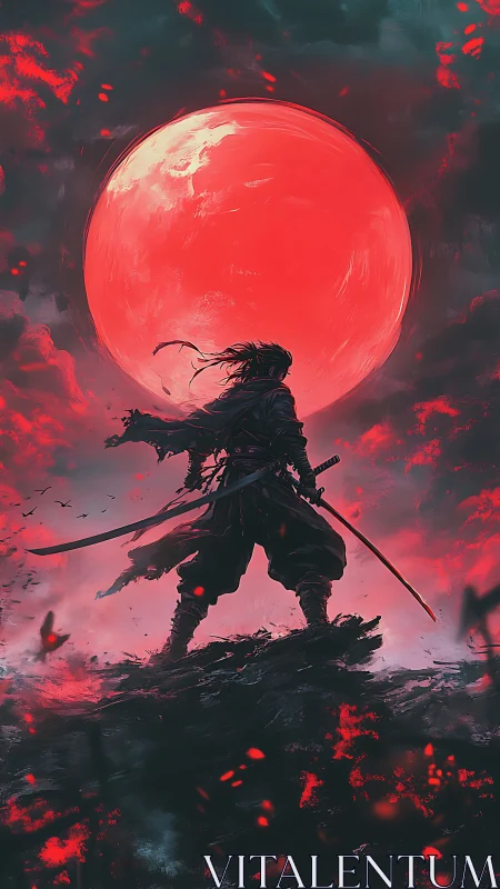 Bloodmoon ronin poised against a storm of burning sky.