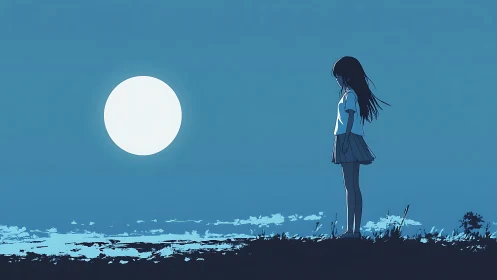 Quiet moonlit evening holds a thoughtful girl in blue light