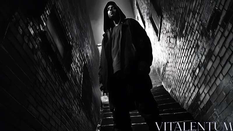 Shadowed figure stalks a rain-slick alley of hard light noir.