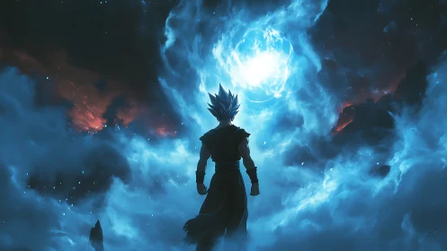 Cosmic warrior crowns the storm with blazing energy sphere.