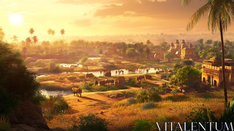 Sunlit river caravans drift through golden rural kingdom.