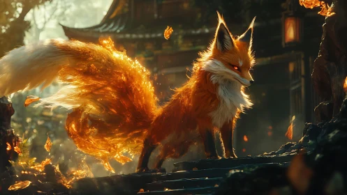 Ember-tailed fox spirit prowls through shrine-lit twilight.