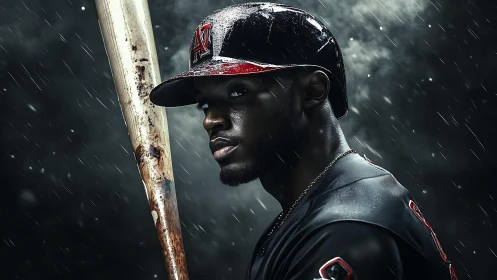 Rain-soaked baseball portrait with dramatic side lighting.