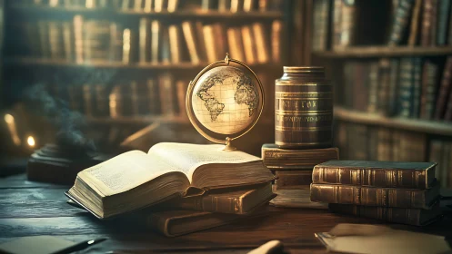 Vintage study desk with illuminated globe and leather books.