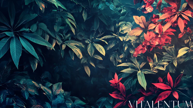 Midnight jungle leaves ignite in teal shadows and crimson fire.