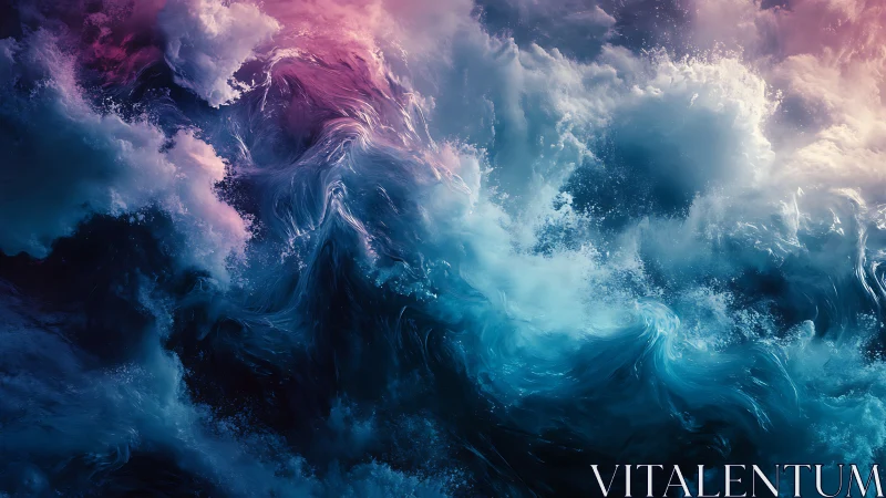 Turbulent bioluminescent ocean vortex with magenta cloudscape