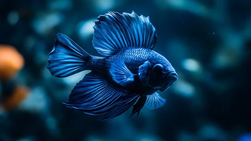 Blue ornamental fish with extended fins in dark water.