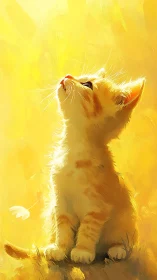 Ginger kitten profile in yellow backlit digital artwork.