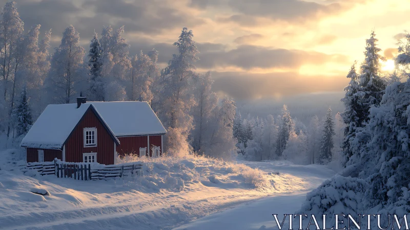 Photorealistic winter cabin with low-angle sunset illumination.