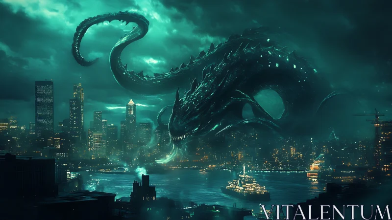 Colossal sea monster looms over neon lit modern city harbor.