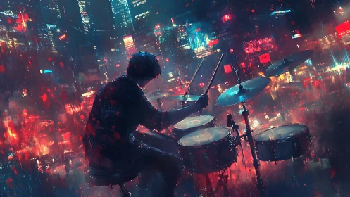 Cyberpunk drummer ignites neon cityscape with rhythmic energy.