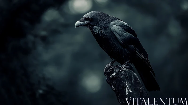 Midnight raven rests calmly on a weathered forest branch