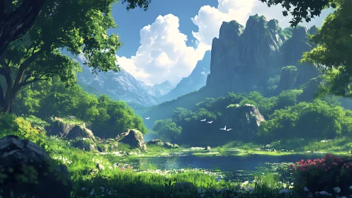 Emerald valley sanctuary beside crystal pond in dreamlit noon.