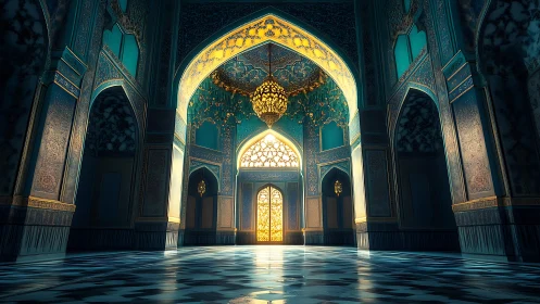 Golden light fills ornate Islamic hall with mosaics.
