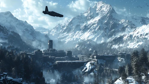 Starship patrol over frostbound fortress in towering peaks.