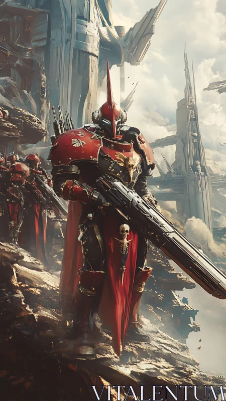 Crimson paladins storm shattered cliffs of a dying citadel.