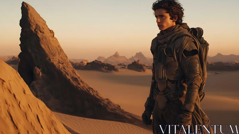 Armored desert wanderer surveys stratified dunes at dusk