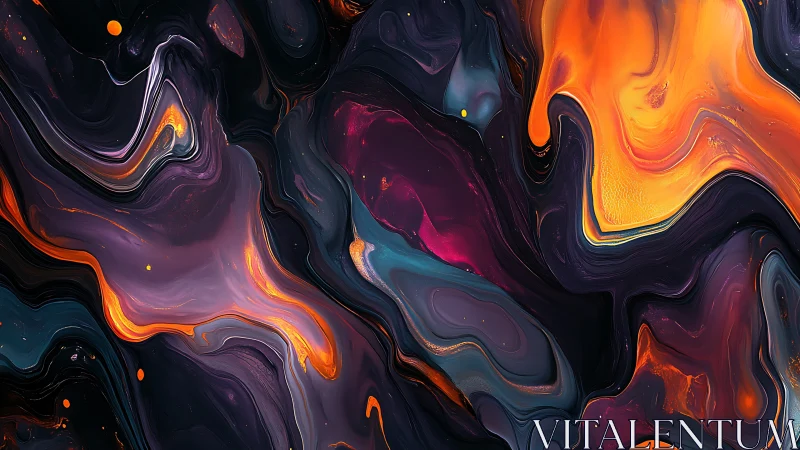 Molten orange and violet fluid abstract digital artwork.