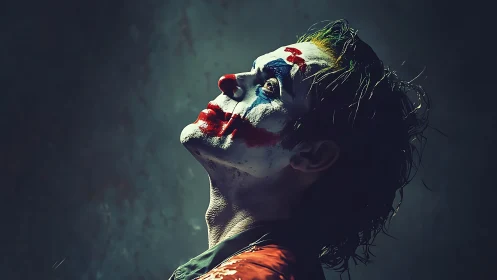 Dark clown portrait in side profile under dramatic light.