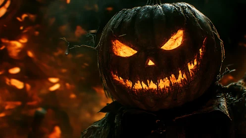 Sinister jack o’lantern king grinning in ember-soaked night.