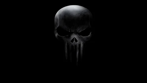 Metallic skull emblem emerges from deep black background