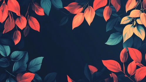 Red and teal leaves framing dark empty background space.