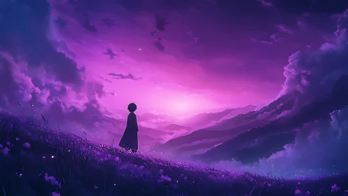Silhouetted figure watches violet sunset over mountain valley