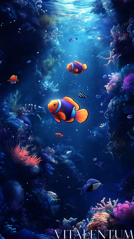 Clownfish swim through dense coral reef under blue light