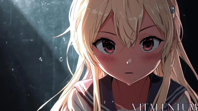 Gentle anime girl in soft light with quiet, tender gaze.