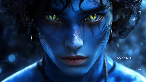 Intense blue alien portrait with luminous golden eyes.