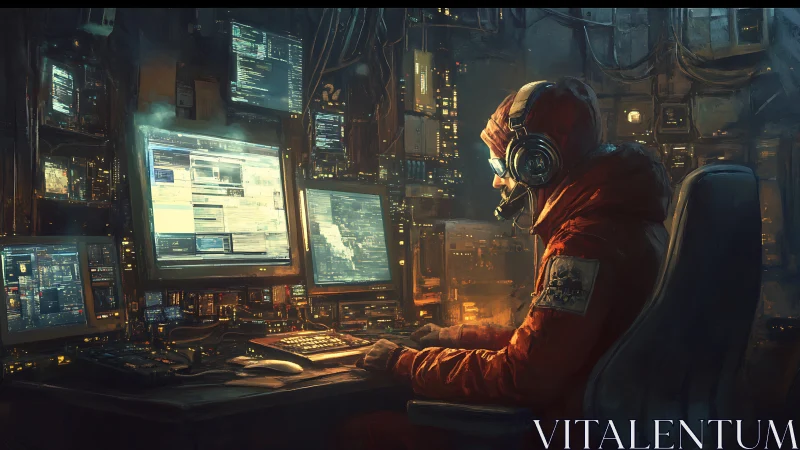 Cyberpunk hacker at multi-screen command workstation.