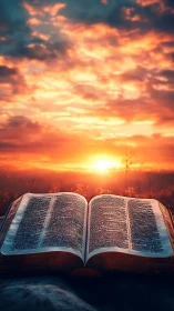 Open Bible glows under a dramatic sunrise sky of hope
