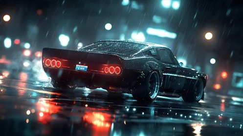Midnight muscle car glows warmly on a rain soaked city street