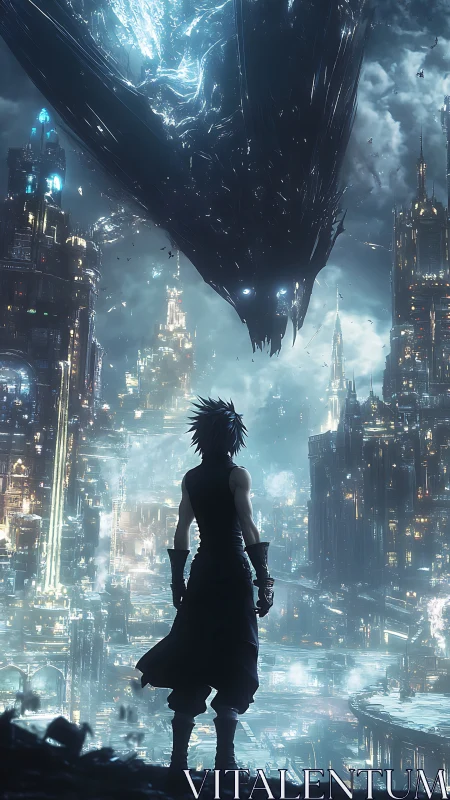 Stargazer hero meets shimmering dragon above neon city.