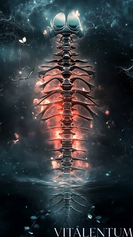 Surreal spinal column glowing through dark cosmic water.