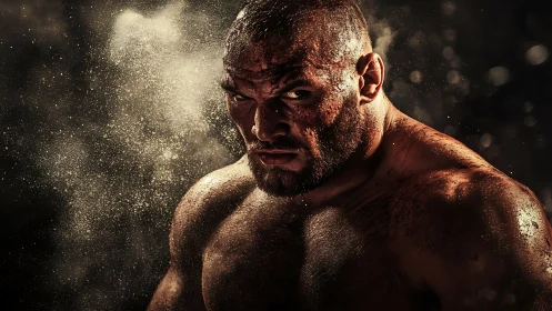 Battle-hardened fighter glares through swirling dust and sweat.