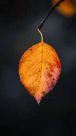 Single autumn leaf suspended on dark blurred background.