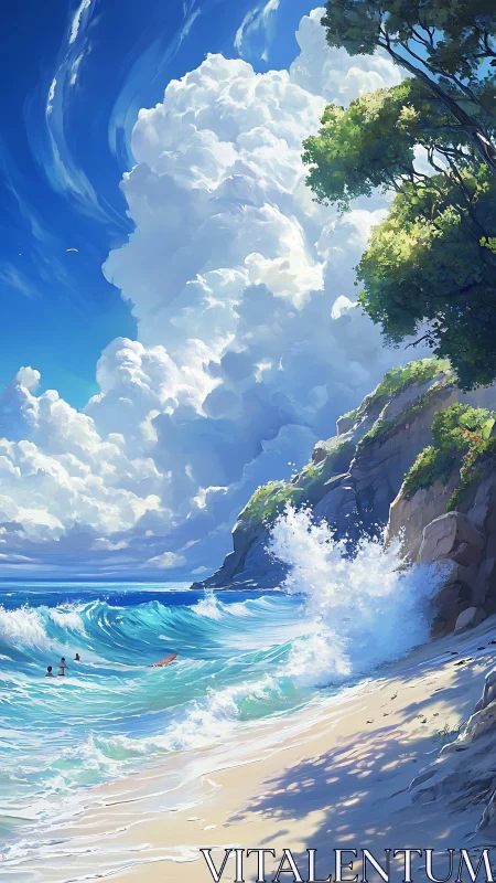 Cloud-tossed surf and sunlit cliffs in a luminous seascape.