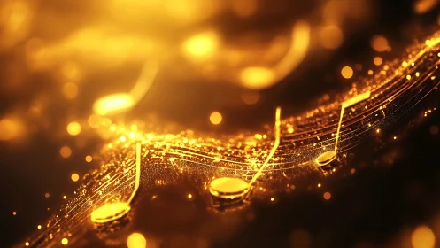 Golden musical notes flowing through glowing bokeh field.