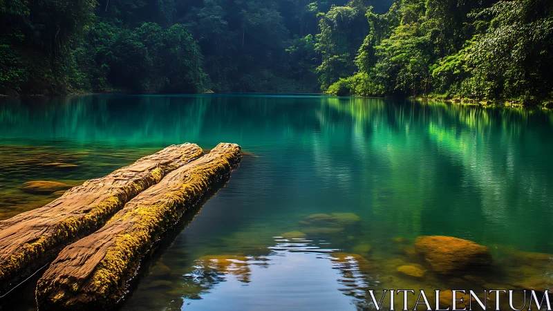 Emerald jungle lagoon with mossy logs resting in clear water.