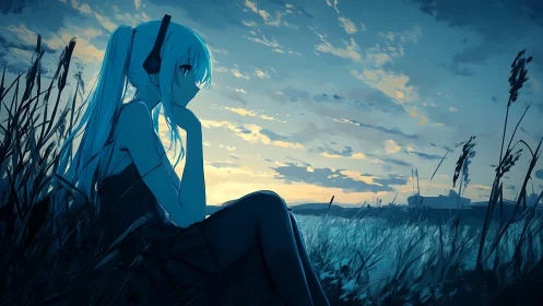 Anime dusk field portrait with contemplative seated figure.