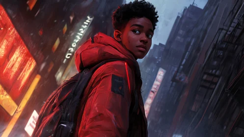 Teen traveler walks neon city street in cold rain.