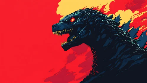 Stylized kaiju profile against vivid red background.